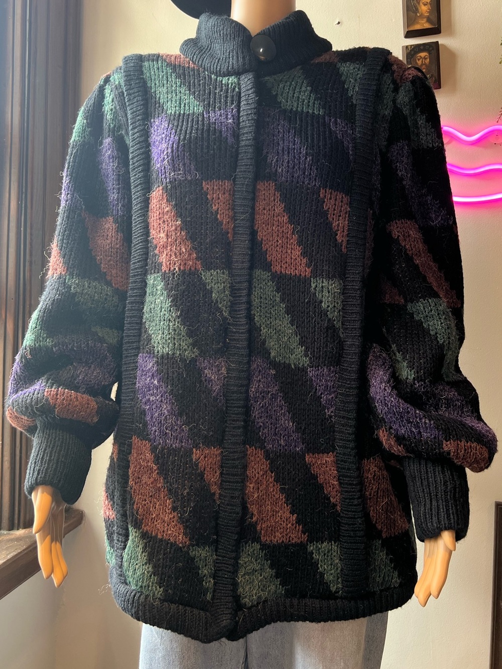 Vintage Karizma Geometric Pattern Button Funnel Neck Sweater Coat